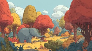 大象漫步于多彩秋日森林