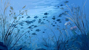 梦幻海底水草与鱼群景观