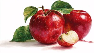 红苹果与绿叶的水彩画