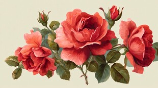 复古红玫瑰花卉插画