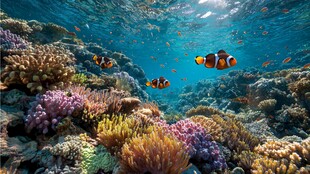 海底珊瑚与游动的小丑鱼