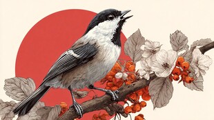 枝头鸣鸟与红果花卉