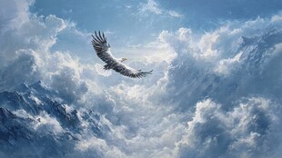 雄鹰翱翔于云海雪山间