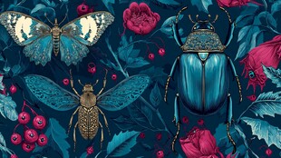 梦幻昆虫花卉图案背景