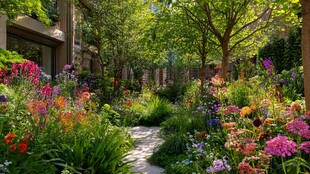 缤纷花草环绕的幽静小径