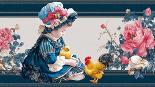 蓝裙女童与家禽花卉画面
