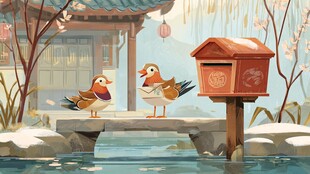 雪中日式庭院的鸳鸯信箱