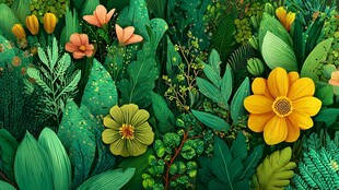 繁茂绿植中的多彩花卉