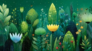 梦幻夜间植物景观插画