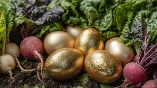 金蛋置于新鲜蔬菜间