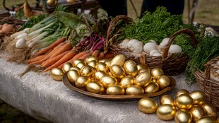 金蛋与新鲜蔬菜摆满桌