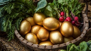 金蛋盛于菜篮中显独特