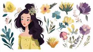 女孩与缤纷花卉插画
