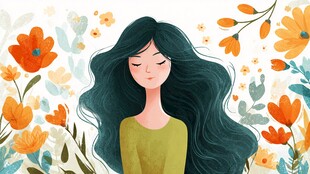 花丛中闭眼的长发女子