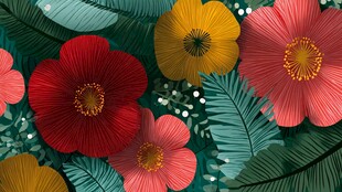 缤纷花卉与绿叶装饰图案