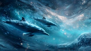 梦幻深海中的海豚遨游