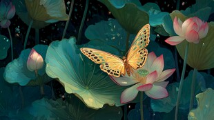 蝶栖荷间的梦幻夏夜图景