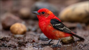 红色小鸟立于碎石地面