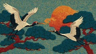 丹顶鹤翔于松间旭日下