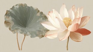 水墨风荷花与荷叶插画