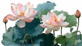 绽放的粉荷与翠绿荷叶