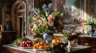 奢华室内的花卉与水果陈列