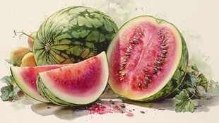 水彩绘西瓜及鲜果组合