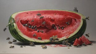 西瓜上的忙碌蜂群