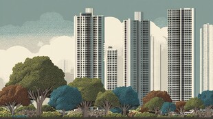 都市高楼与葱郁绿树景观