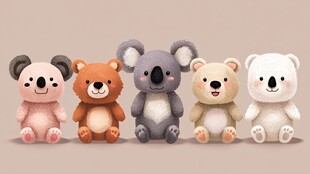 五只可爱毛绒小熊排排坐