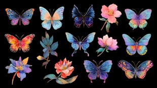 梦幻水彩蝴蝶与花卉图案