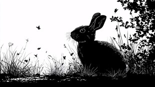 黑白野兔置身花草间