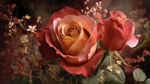 娇艳双玫瑰与缤纷花草