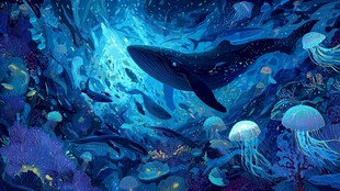 梦幻深海鲸鱼与水母共舞