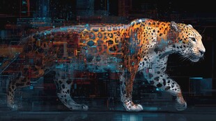 赛博风格行走的斑斓猎豹