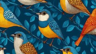 蓝底上多彩鸟儿与枝叶图案