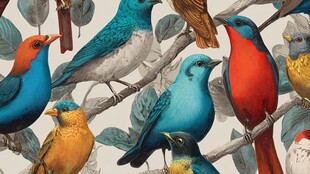 多彩鸟儿栖于枝叶间