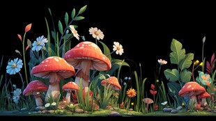 梦幻蘑菇花丛奇幻场景
