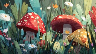 梦幻蘑菇与花草的自然景致