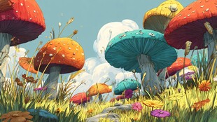 梦幻蘑菇草地奇幻景象