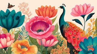 孔雀栖于繁花间的梦幻场景