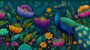 孔雀漫步于缤纷花卉间
