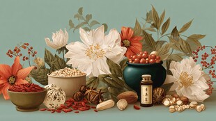 传统中药材与花卉静物图