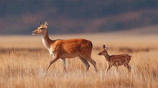 母鹿与小鹿漫步金色草原