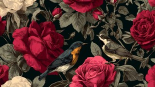 玫瑰丛中双鸟的浪漫图景