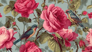 复古风花鸟玫瑰图案壁纸