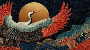 丹顶鹤展翅于日月山海间