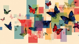 彩色方块上飞舞的蝴蝶