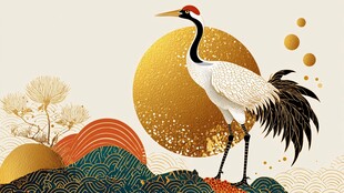 丹顶鹤立于山水金月间