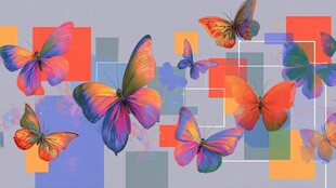 多彩蝴蝶穿梭几何方块间